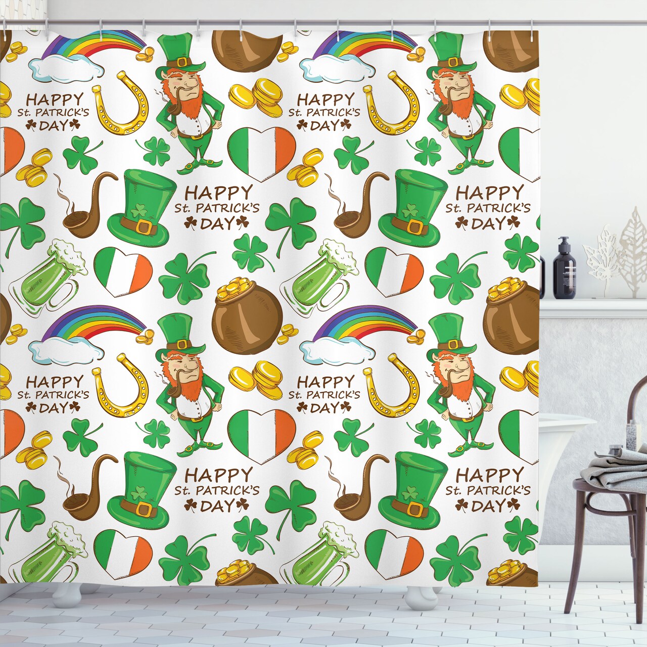 Ambesonne St. Patrick's Day Shower Curtain, Irish Party Pattern Beer Leprechaun Flag Hearts Rainbow Gold Shamrock, Cloth Fabric Bathroom Decor Set with Hooks, 69" W x 70" L, Jade Green White Multicolor